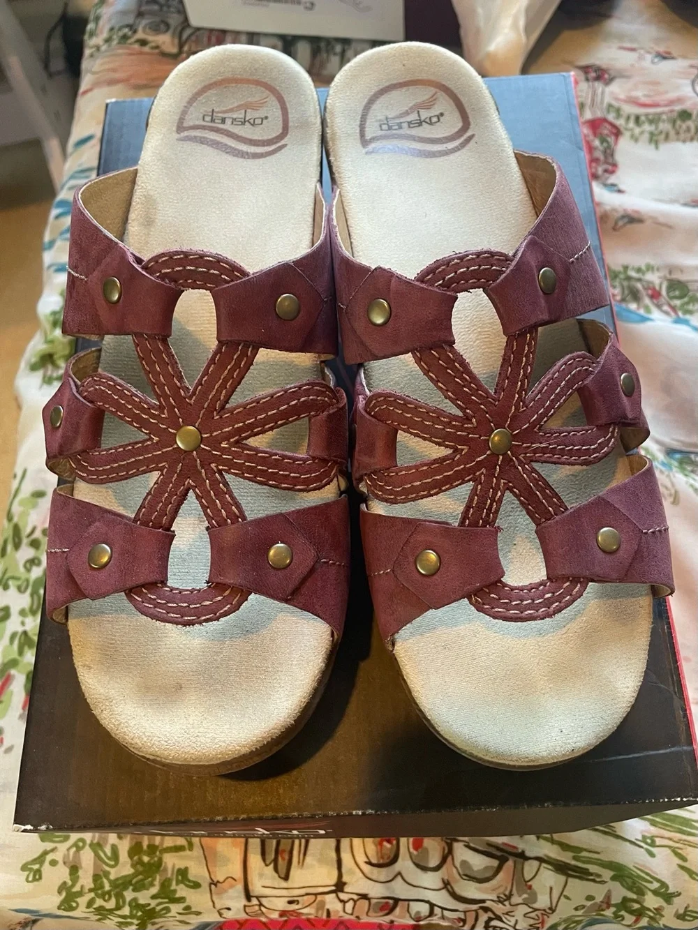 Dansko Women's Burgundy Strappy Floral Medallion Slide Sandals